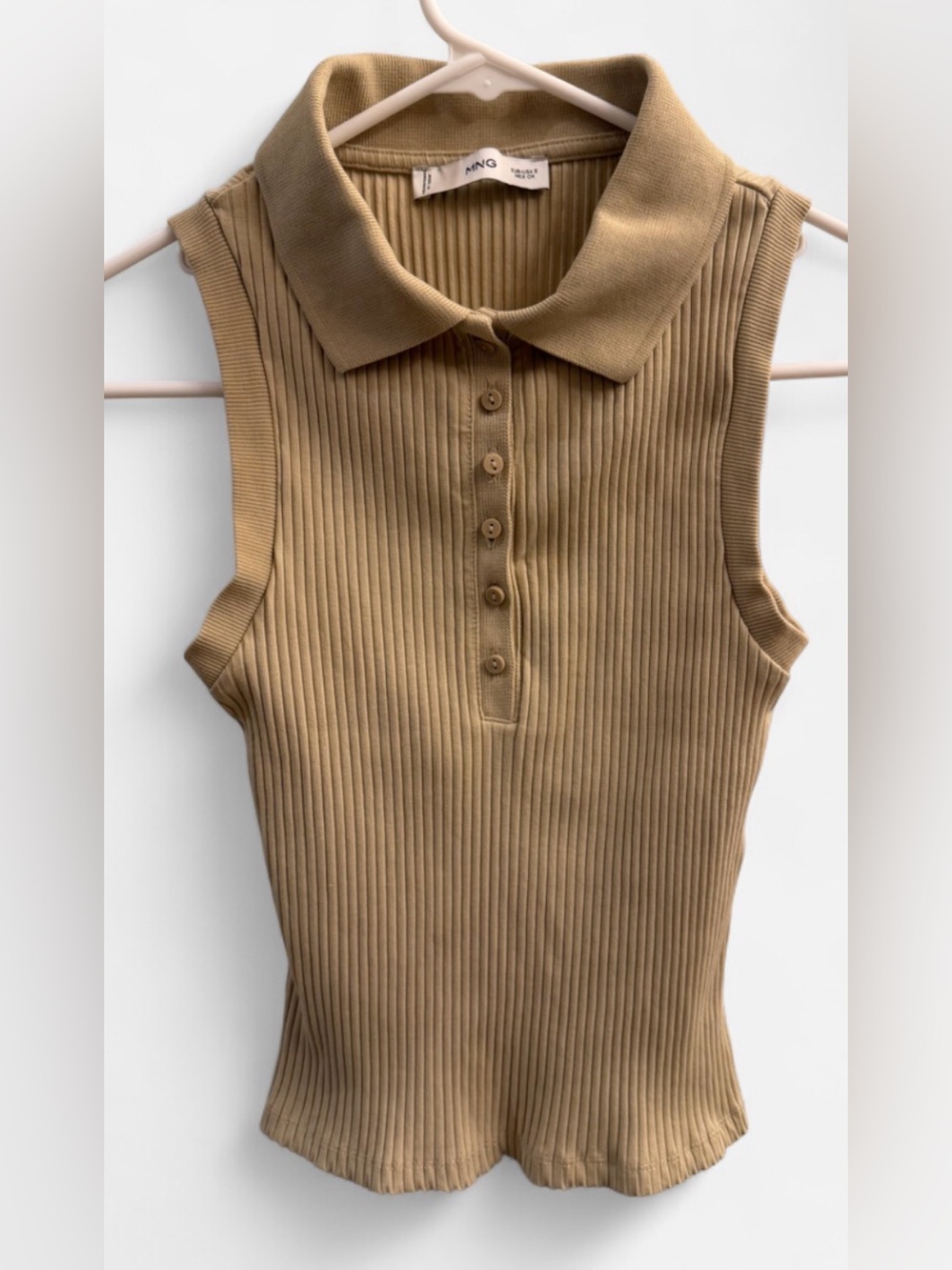 Mango MNG Beige Ribbed Sleeveless Polo Top Size S